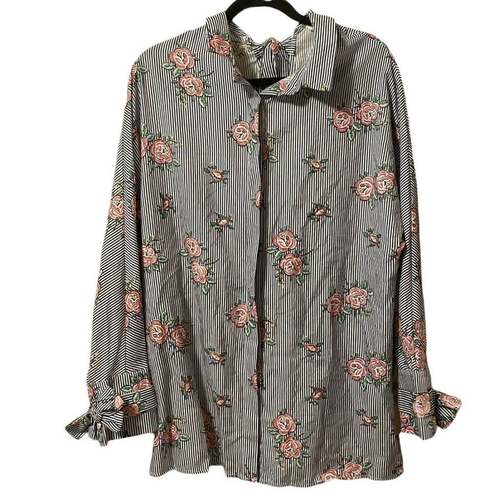 UMGEE PINK PINSTRIPED FLORAL EMBROIDERED BUTTON DOWN TUNIC SHIRT WOMENS SMALL
